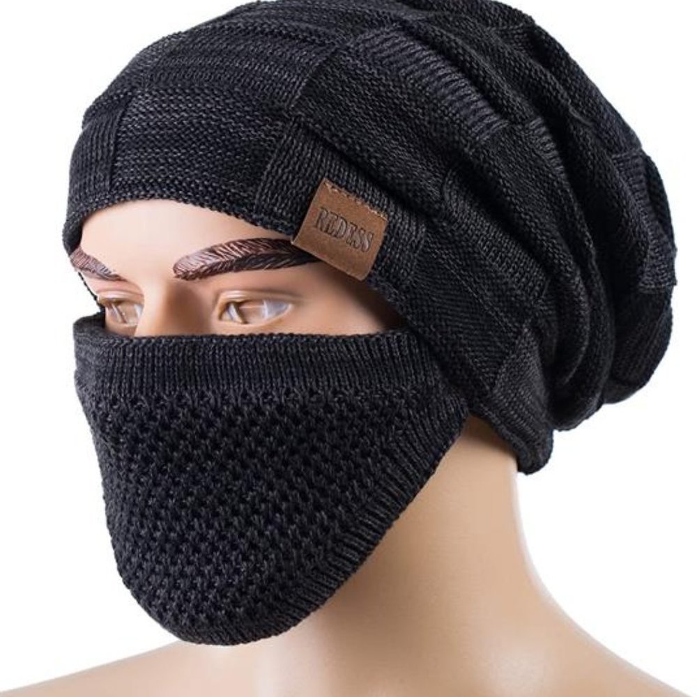 Beanie Hats Knit Slouchy Thick Skull Cap with Face Covering
